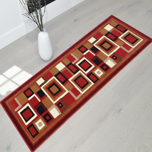 Handcraft Rugs-Modern Contemporary Living Room Rugs-Abstract Carpet with Geometric Pattern-Red/Black/Ivory/Beige/Multi 2x7 feet Runner