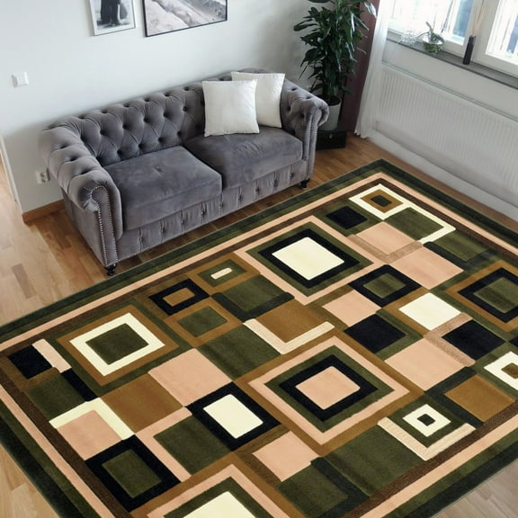 Handcraft Rugs-Modern Contemporary Living Room Rugs-Abstract Carpet with Geometric Pattern-Sage Green/Mocha/Black/Ivory/Brown 5x7 feet