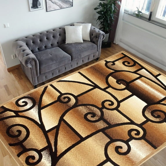 Handcraft Rugs-Modern Contemporary Living Room Rugs-Abstract Carpet with Geometric Swirls Pattern-Berber/ Beige/Ivory/Chocolate 8x10 Feet
