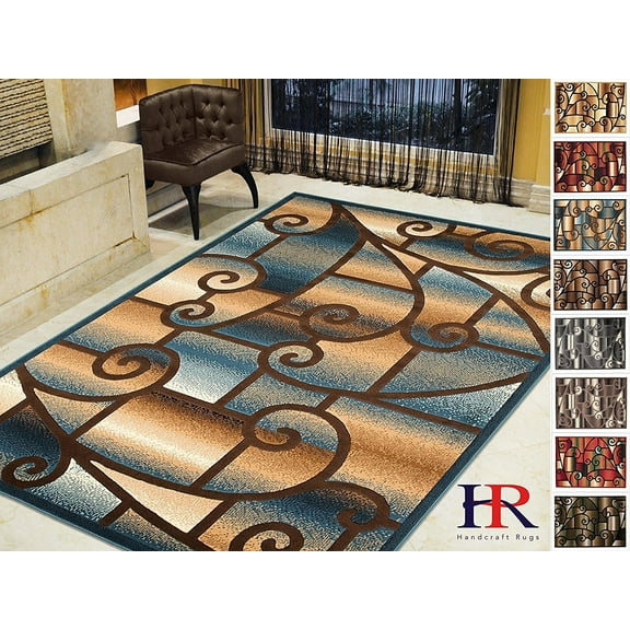 Handcraft Rugs-Modern Contemporary Living Room Rugs-Abstract Carpet with Geometric Swirls Pattern-Blue/ Beige/Ivory/Chocolate (5x7 feet)