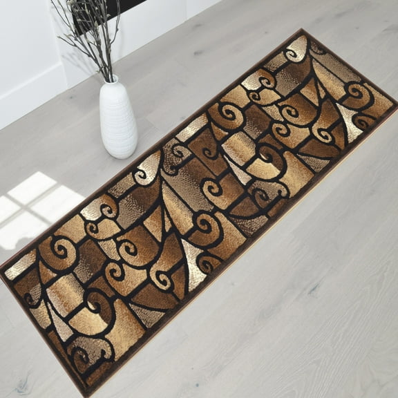Handcraft Rugs-Modern Contemporary Living Room Rugs-Abstract Carpet with Geometric Swirls Pattern-Brown/Beige/Ivory/Chocolate 2x7 feet Runner