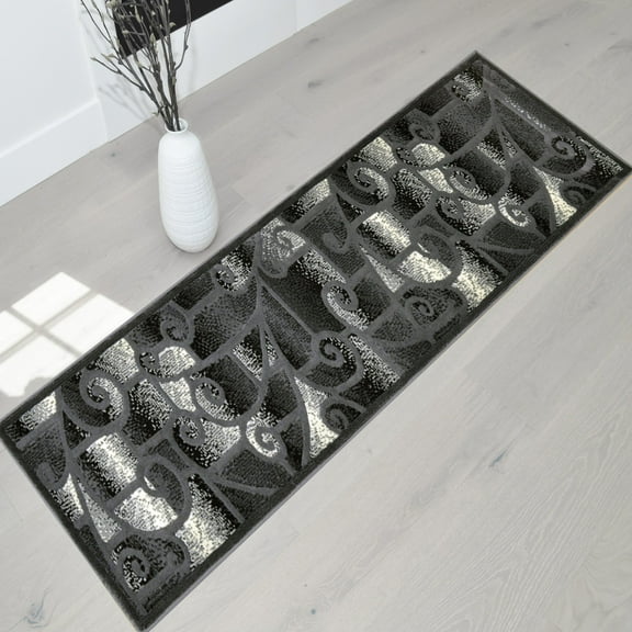 Handcraft Rugs-Modern Contemporary Living Room Rugs-Abstract Carpet with Geometric Swirls Pattern-Gray/Black/White/Ivory 2x7 feet Runner