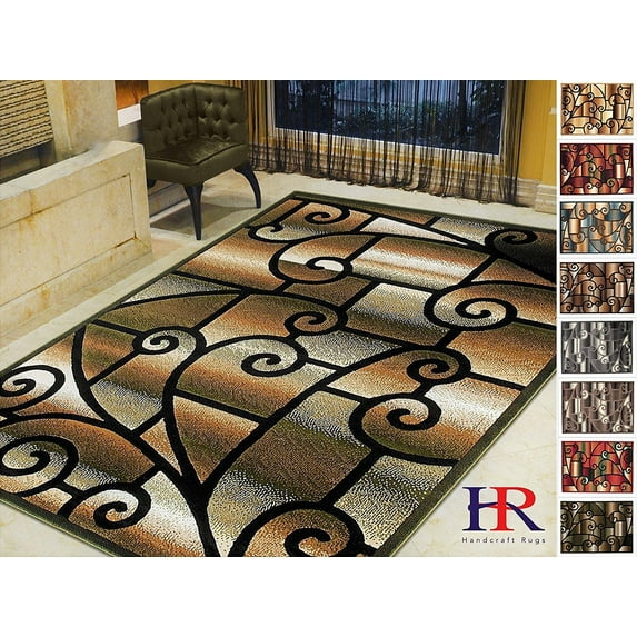 Handcraft Rugs-Modern Contemporary Living Room Rugs-Abstract Carpet with Geometric Swirls Pattern-Sage Green/Mocha/Black/Ivory/Brown (5x7 feet)