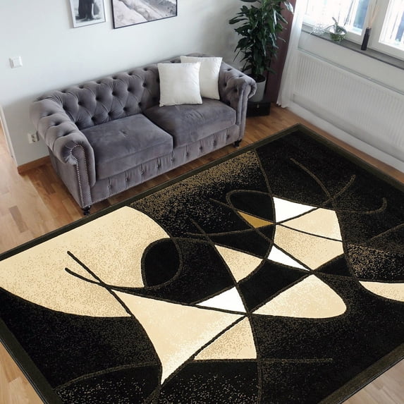 Handcraft Rugs-Modern Contemporary Living Room Rugs-Abstract Carpet with Round/Oval Swirls Pattern-Shed free Black/Ivory/Beige/Brown2x 3 feet Doormat