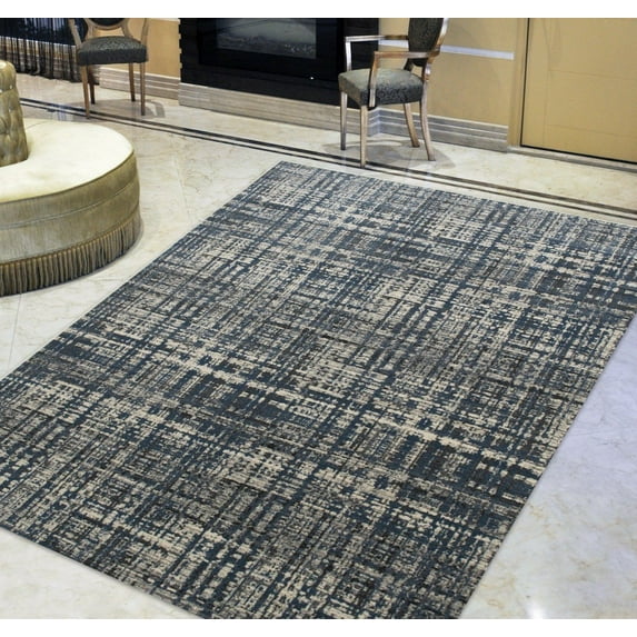 Handcraft Rugs-Navy/Gray/Beige Checkered Abstract Pattern Distressed- Modern Vintage Area Rug