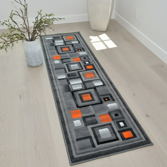 Handcraft Rugs Orange/Black/Gray Abstract Geometric Modern Squares Pattern Area Rug 2 ft. by 7 ft.