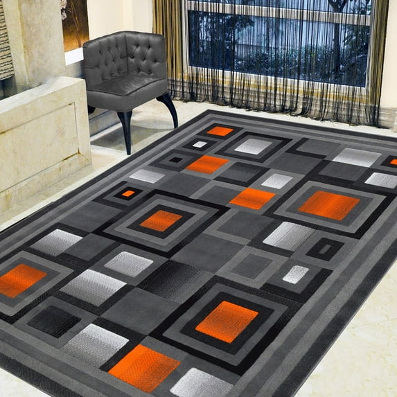 Handcraft Rugs Orange/Black/Gray Abstract Geometric Modern Squares Pattern Area Rug 5 ft. by 7 ft.