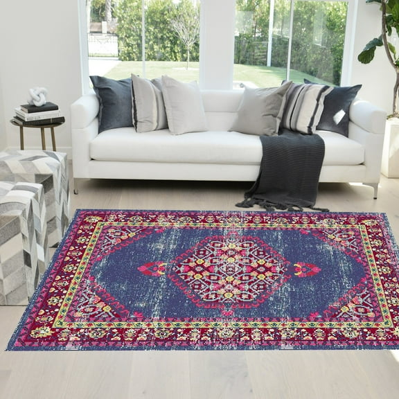 Handcraft Rugs Persian Rug - Faded, Oriental Distressed Area Rug - Modern Vintage Design Persian Area Rug - Abstract, Multicolor Kashan Design Persian Rug - Cherry/Navy Blue/Yellow / Gary 5 x 7 feet