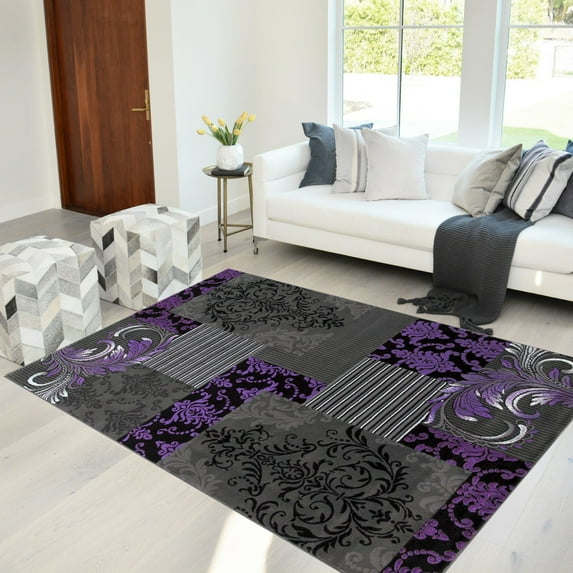 Handcraft Rugs - Purple, Gray, Silver, Black, Abstract Area Rug Modern Contemporary Floral and Patchwork Geometric Design
