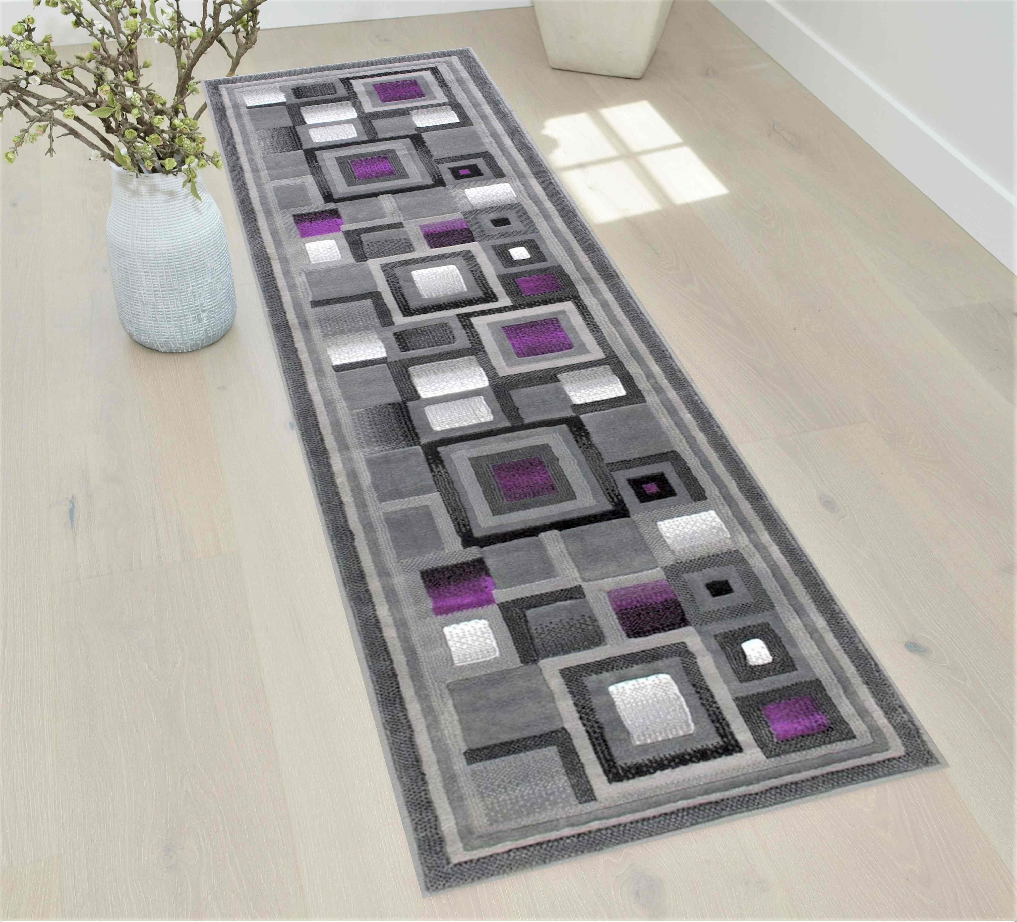 Geometric Square Pattern Area Rug Handcraft Rugs Purple and Gray Abstract Geometric Modern Squares ...