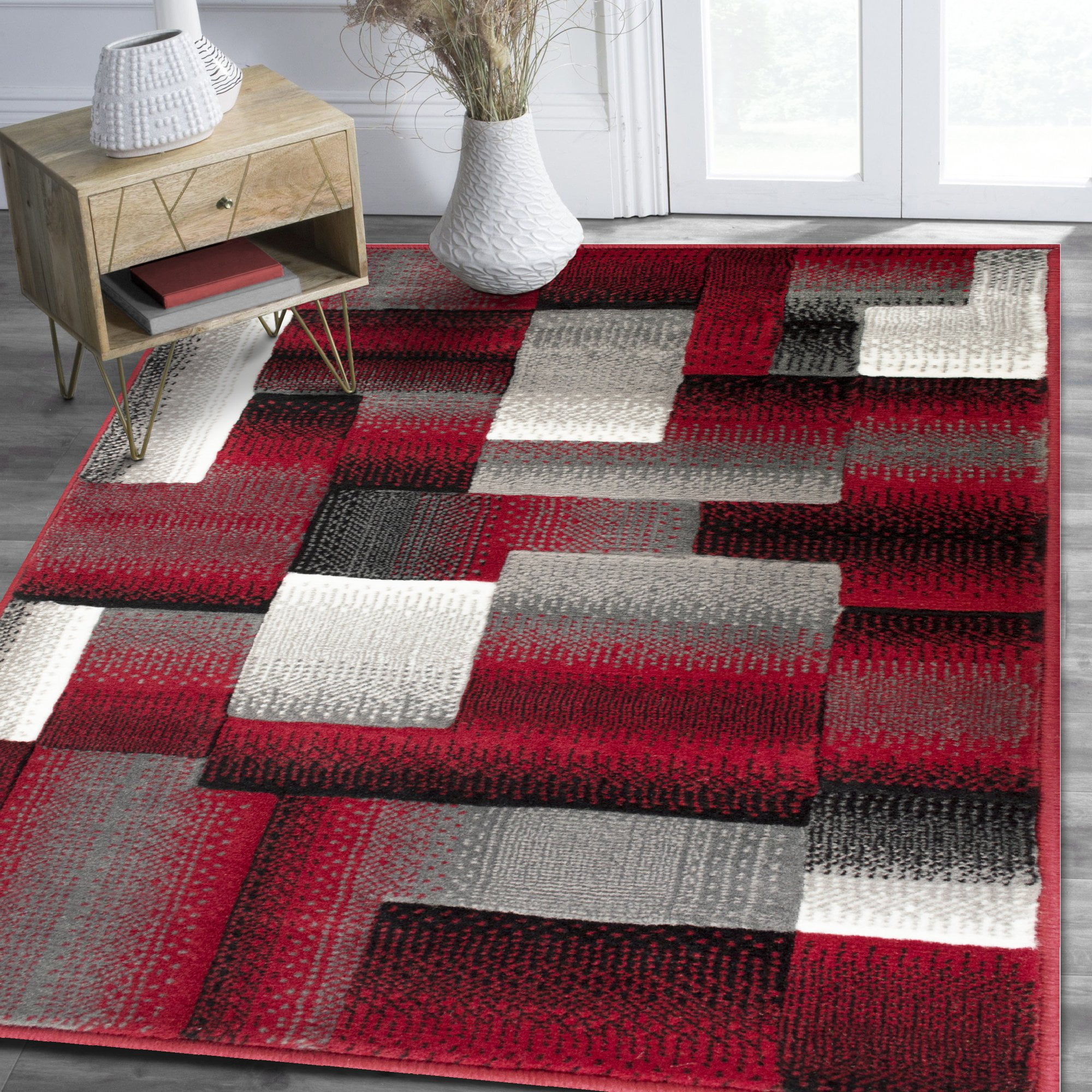 Small Red Rug Square Handcraft Rugs Red/Black/Grey Abstract Geometric Modern Squares Pattern ...