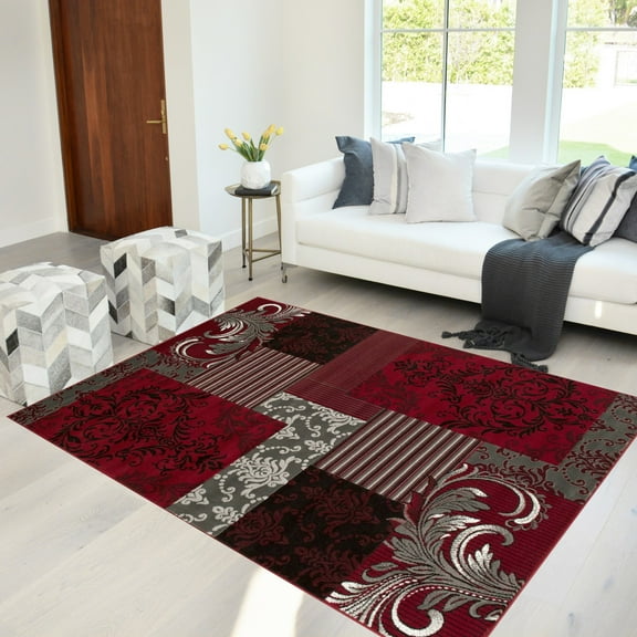 Handcraft Rugs - Red/ Gray/ Silver/Black/ Abstract Area Rug Modern Contemporary Floral and Patchwork Geometric Design for Living Room / Guest Room / Dining Room / Office