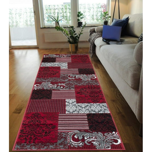 Handcraft Rugs-Red/Grey/Silver/Black/Abstract Area Rug Modern Contemporary Floral/Patchwork Geometric Design