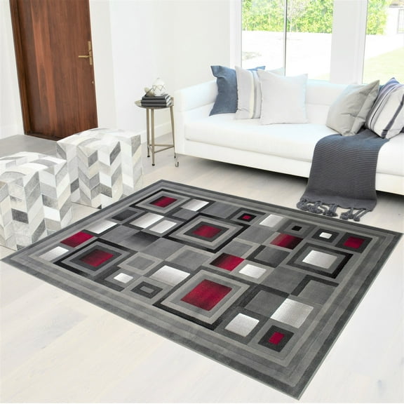 Handcraft Rugs Red Lava/Silver/Gray Abstract Geometric Modern Squares Pattern Area Rug