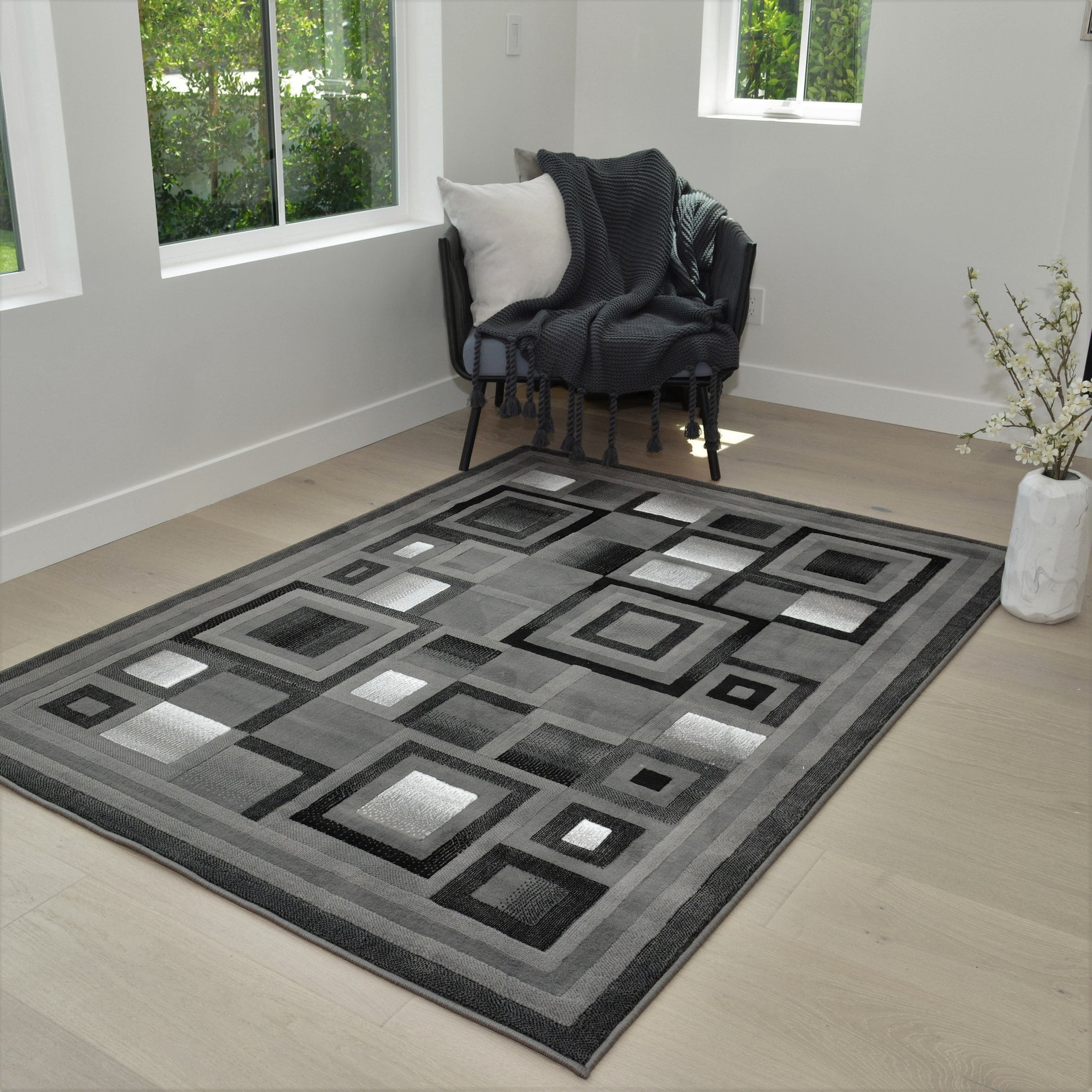 Handcraft Rugs Silver/Black and Grey Abstract Geometric Modern Squares ...