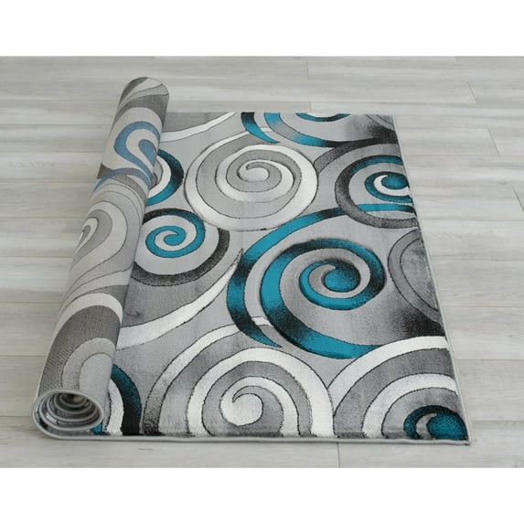 Handcraft Rugs-Spiral/Swirls Modern Contemporary Hand Carved Area Rug-Silver/Turquoise/Gray/Black