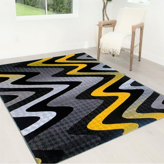 Handcraft Rugs - Yellow/Gray/Silver/Black/Abstract Area Rug Modern Contemporary Zigzag Crisscross Wave Design