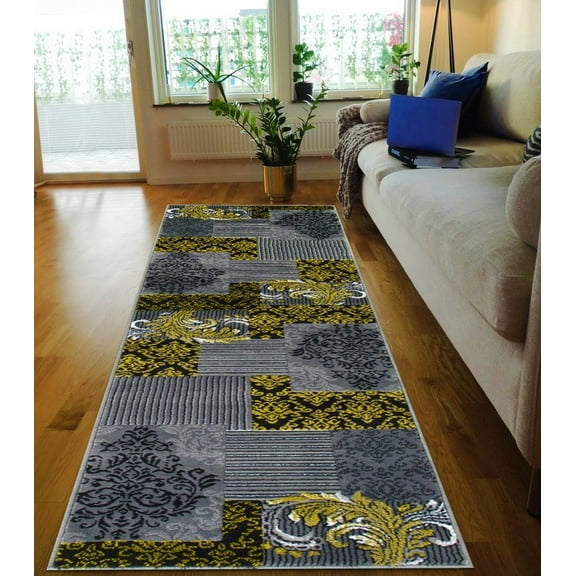 Handcraft Rugs-Yellow/Grey/Silver/Black/Abstract Area Rug Modern Contemporary Floral/Patchwork Geometric Design