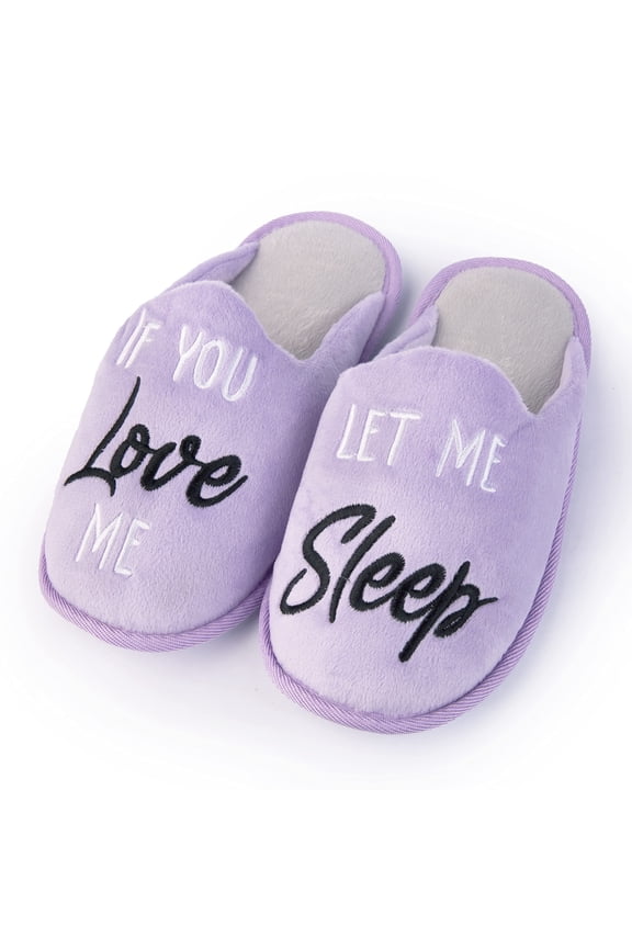 Staycation Ladies Let Me Sleep Scuff Slipper, Plush Non Slip House Slippers for Women, Soft Sole Bedroom Shoes, Purple/Grey/L