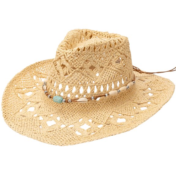 Handcraft Straw Hat for Vacation Hollowout Sunproof Hat with Bead Bohemian Panama Hat for Beach and Music Festival