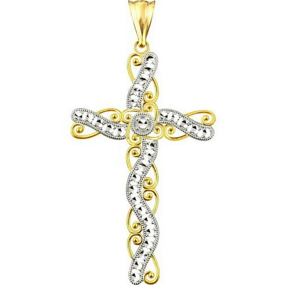 Handcrafted 10kt Gold Diamond-Cut Ribbon Swirl Cross Charm Pendant