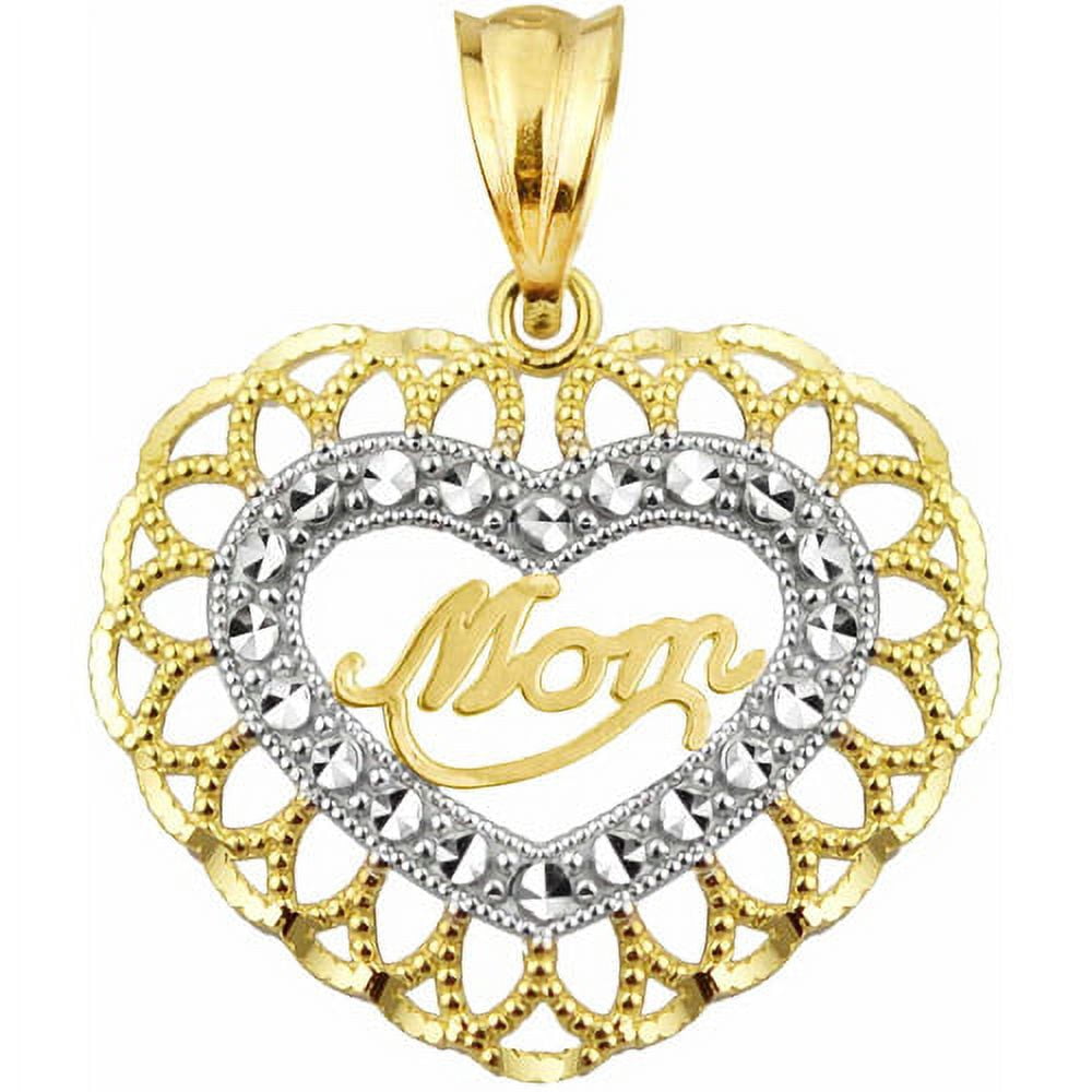 Handcrafted 10kt Gold MOM With Scalloped Heart Beaded Frame Charm Pendant