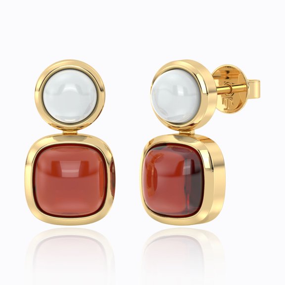Handcrafted 14K Gold Plated 925 Silver Drop Earrings with Natural White Moonstone & Red Garnet Gemstones