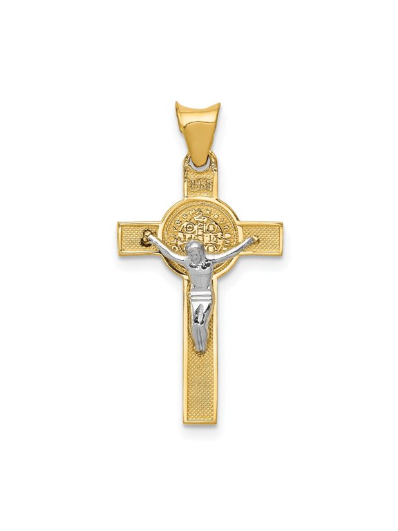 Handcrafted 14k Real Gold Crucifix Cross Pendant for Men and Women with Two-Tone Latin INRI Design and Saint Benedict Medallion Catholic Christian Faith Necklace Jewelry