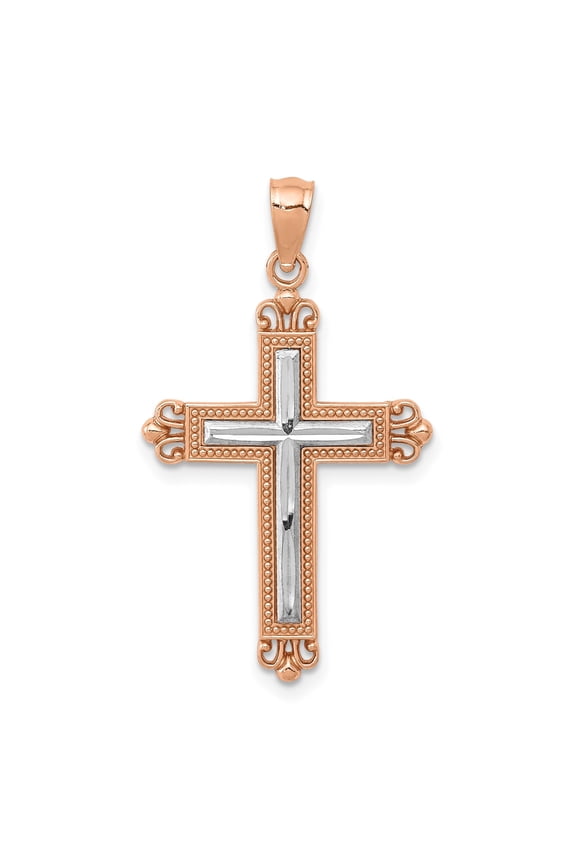 Handcrafted 14k Rose Gold Fleur De Lis Cross Pendant Necklace for Men and Women with Ornate Latin Design and Scrollwork Detail Spiritual Fine Jewelry in Dual Tone Finish