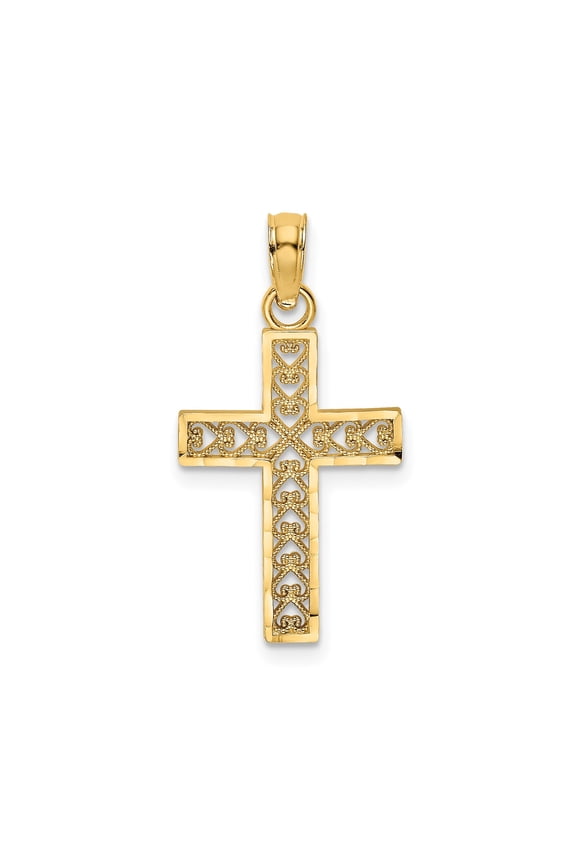 14K Yellow Gold Diamond-Cut Edge Filigree Cross Pendant, 17.45 mm