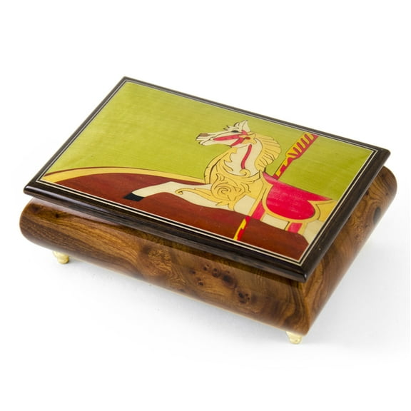 Handcrafted 18 Note Carousel Horse Wood Inlay Musical Jewelry Box - Winnie the Pooh