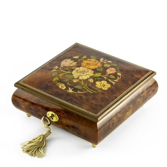 Handcrafted 18 Note Floral Inlay Music Box with Lock and Key - Waltz of the Flowers