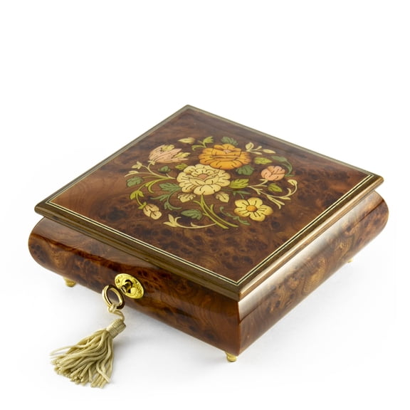Handcrafted 18 Note Floral Inlay Music Box with Lock and Key - Winnie the Pooh