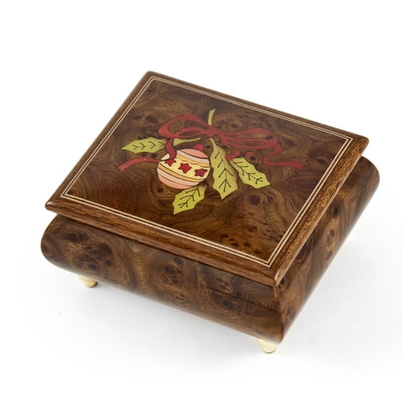 Handcrafted 18 Note Sorrento Music Box with Christmas Theme Wood Inlay of a Christmas Ornament - Music of the Night (Phantom of the Opera)