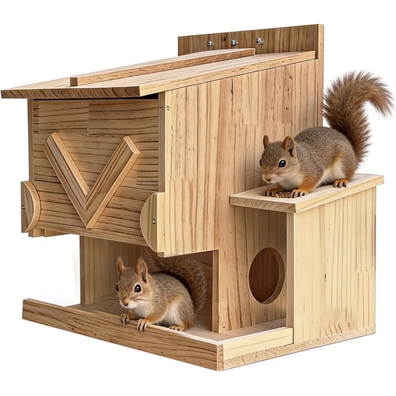 Handcrafted 2-Story Squirrel House with Covered Porch - Premium Solid Wood Outdoor Nest Box for Squirrels & Chipmunks - Easy Mounting Kit for Backyard, Tree, or Fence