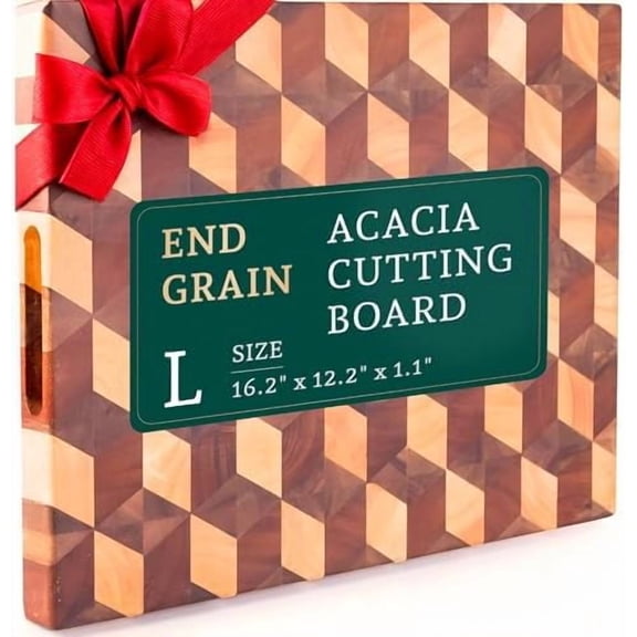 Handcrafted 3-D Checkered Acacia Wood Cutting Board - Reversible End Grain Large Butcher Block Cutting Board Serving Tray for Prep & Presentation - Multipurpose Wooden Charcuterie Board with Handles