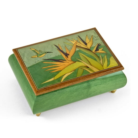 Handcrafted 30 Note Tropical Music Box Birds of Paradise and Parrot Wood Inlay - Blue Danube