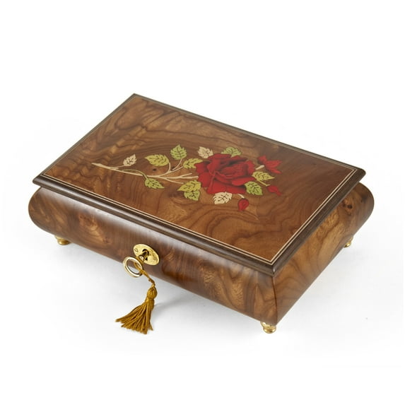 Handcrafted 36 Note Single Stem Red Rose Musical Jewelry Box - Auld Lang Syne