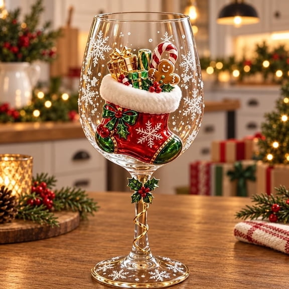 Handcrafted 3D Christmas Wine Glass Collection, 6 Festive Holiday Designs, Decorative Stemmed Goblets for Christmas Parties, Dinners and Gifts
