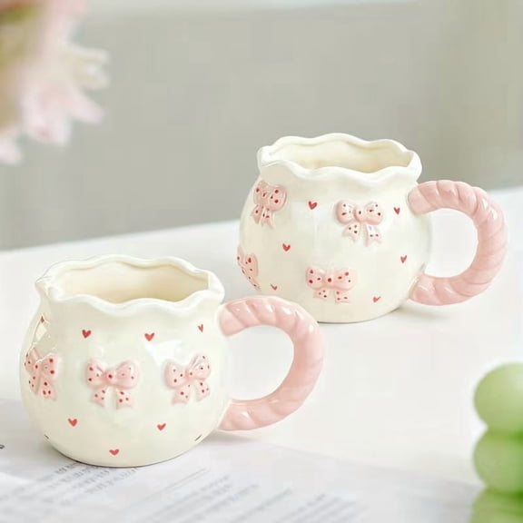 Handcrafted 3D Relief Bow Pattern Ceramic Coffee Mug Unique Hand-Painted Artisan Mug for Coffee & Tea Lovers, Elegant Home Decor Gift