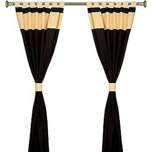 Handcrafted 4-Piece Blended Raw Silk Curtain - Two-Tone Black Gold Tab Top Design, Machine Washable - 43"W x 84"L Panels, Perfect for Living & Dining Rooms