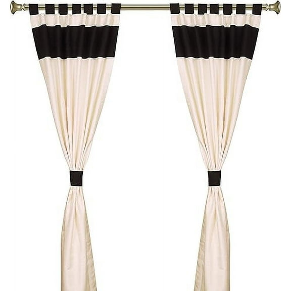 Handcrafted 4-Piece Blended Raw Silk Curtain - Two-Tone Cream Black Tab Top Design, Machine Washable - 43"W x 63"L Panels, Perfect for Living & Dining Room