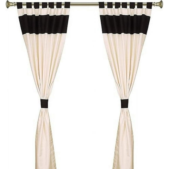 Handcrafted 4-Piece Blended Raw Silk Curtain - Two-Tone Cream Black Tab Top Design, Machine Washable - 43"W x 84"L Panels, Perfect for Living & Dining Rooms