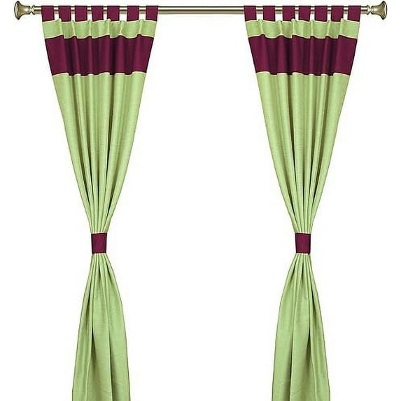 Handcrafted 4-Piece Blended Raw Silk Curtain- Two-Tone Olive Green Maroon Tab Top Design, Machine Washable - 43"W x 120"L Panels, Perfect for Living & Dining Rooms