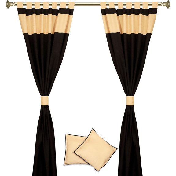 Handcrafted 6-Piece Blended Raw Silk Curtain & Cushion Cover Set - Black Gold Tab Top Design, Machine Washable - 43"W x 84"L Panels, 2 Covers - Perfect for Living & Dining Rooms