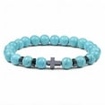 thumbnail image 1 of Handcrafted 8mm Beaded Bracelet with Cross Charm - Tiger's Eye, White Howlite, Hematite & Volcanic Stone, 1 of 14