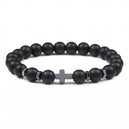 Handcrafted 8mm Beaded Bracelet with Cross Charm - Tiger's Eye, White Howlite, Hematite & Volcanic Stone