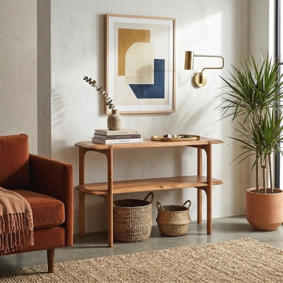 Handcrafted Acacia Wood Console Table, Curved Design Writing Desk, Natural Matte Finish, Multipurpose Table, 110 x 40 x 80 cm