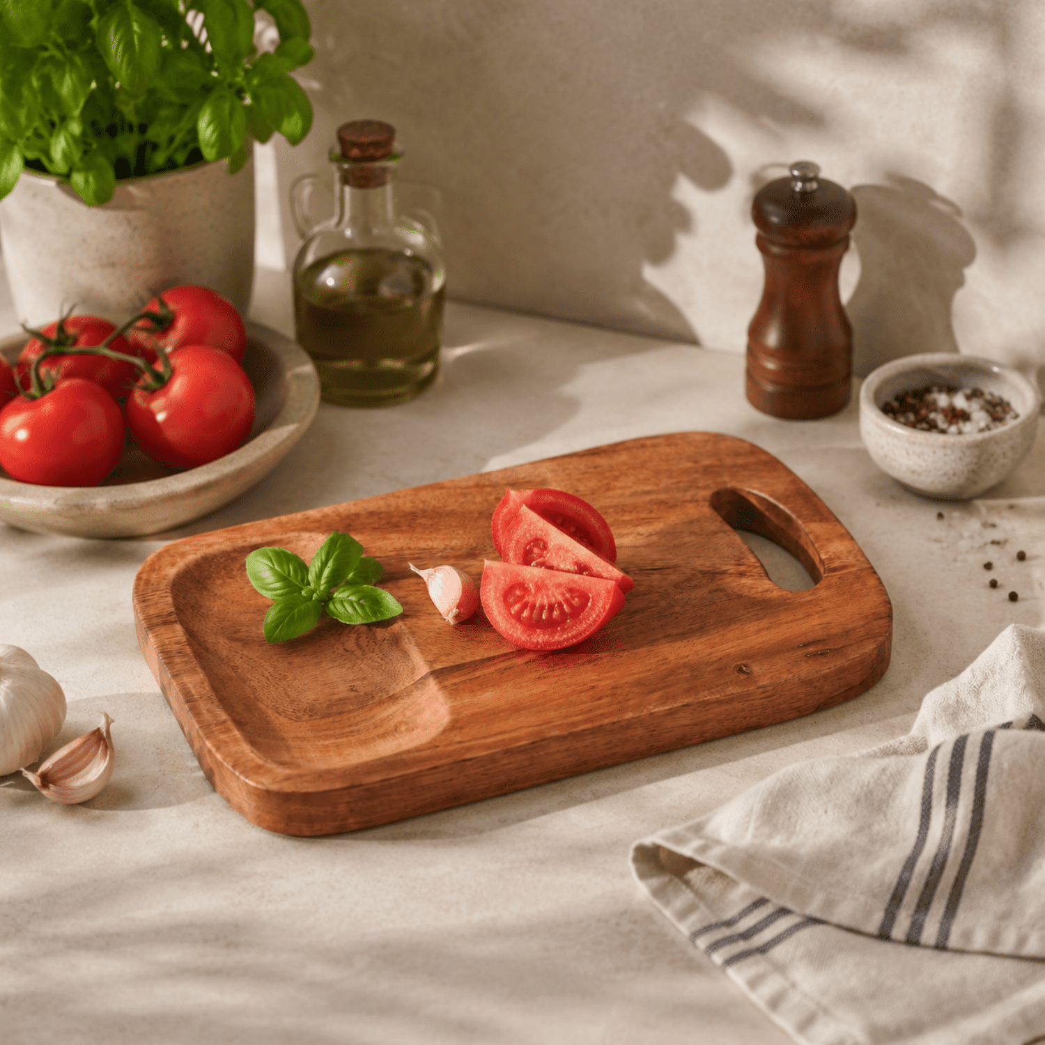 Handcrafted Acacia Wood Cutting Board, Built-in Grip Handle, Compact Rectangular Design, Kitchen Essential