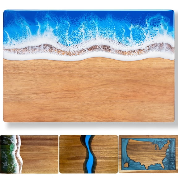 Handcrafted Acacia Wood Cutting Board Resin Blue Wave Pattern for Kitchen Meal Prep and Serving Versatile Cheese & Charcuterie Board for Meat Vegetable Fruit Gift 15x10 Inch